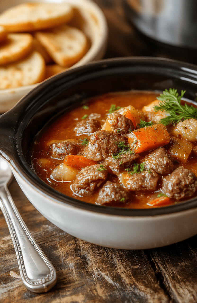 A hearty bowl of beef stew with tender chunks of beef, carrots, potatoes, and celery in a rich gravy, garnished with fresh herbs, presented on a rustic wooden table with warm natural lighting emphasizing the cozy, inviting textures.