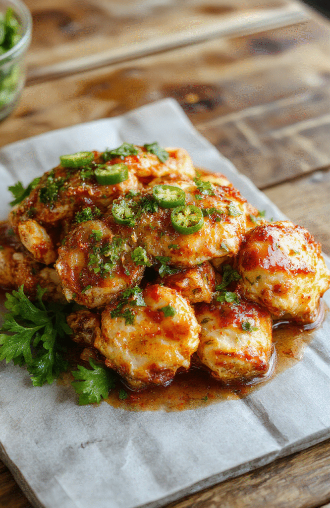 A vibrant plate of spicy jalapeño chicken featuring tender slices topped with fresh sliced jalapeños, served on a rustic wooden table with a colorful background, highlighting the crispy edges and juicy interior of the chicken with glistening oil and sprinkled herbs, styled casually for an inviting, appetizing look.