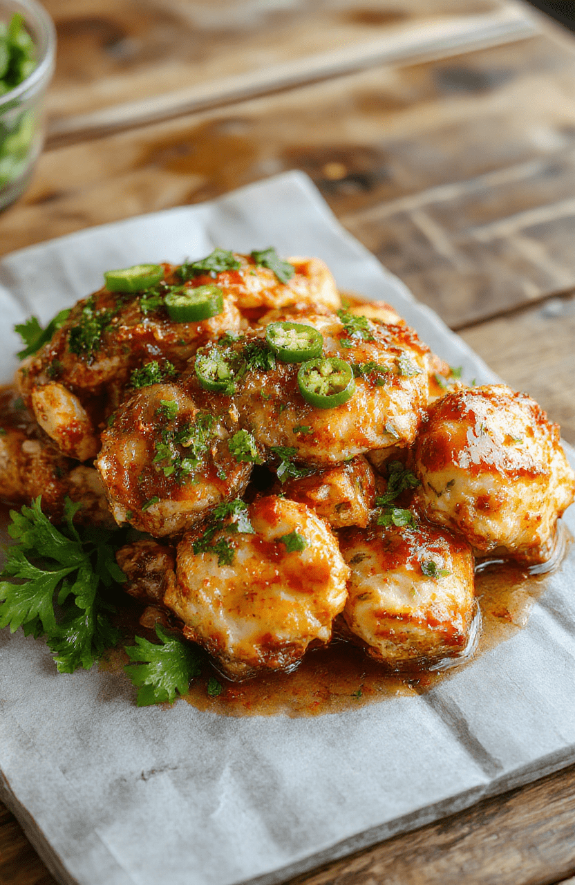 A vibrant plate of spicy jalapeño chicken featuring tender slices topped with fresh sliced jalapeños, served on a rustic wooden table with a colorful background, highlighting the crispy edges and juicy interior of the chicken with glistening oil and sprinkled herbs, styled casually for an inviting, appetizing look.