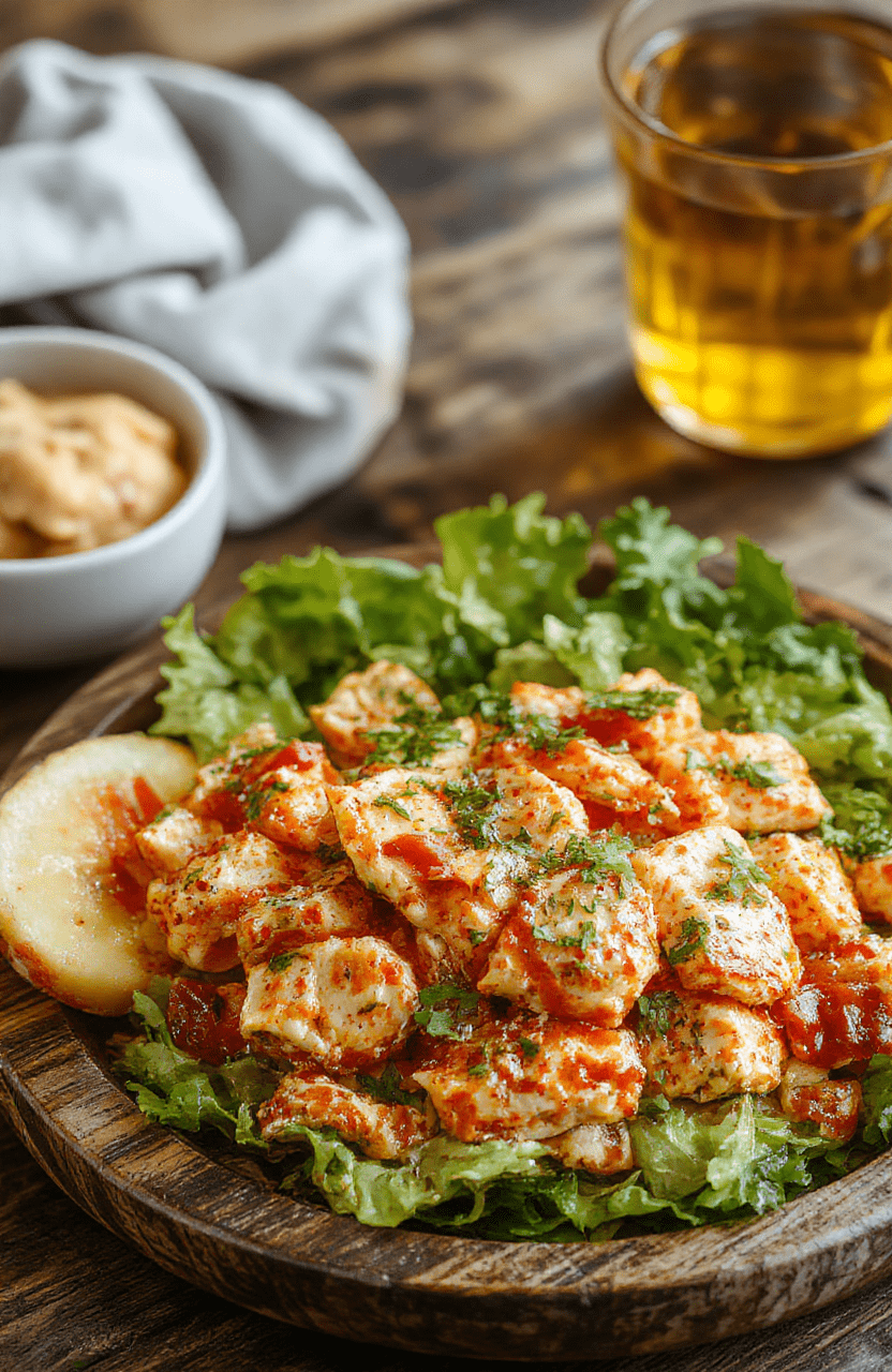 A vibrant southwest chicken salad on a white plate, featuring shredded grilled chicken, chopped tomatoes, black beans, corn, avocado slices, and shredded cheese, garnished with fresh cilantro. The colorful ingredients are arranged neatly with a drizzle of dressing and crispy tortilla strips on top, styled on a rustic wooden board with natural daylight highlighting the textures and colors.