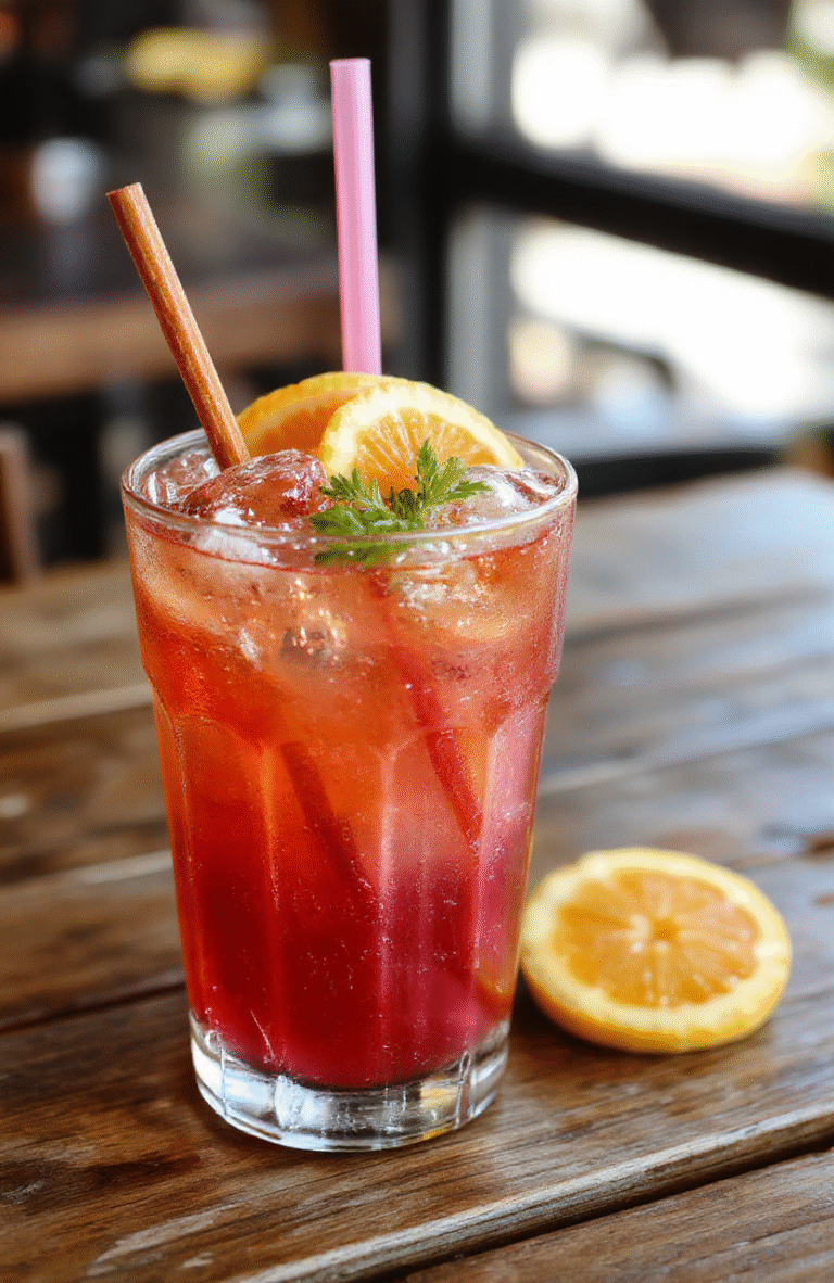 A vibrant pink and purple layered drink in a clear glass, garnished with fresh fruit slices and a colorful straw, styled on a bright summer table with tropical decor, textured ice cubes visible, and condensation on the glass, creating a refreshing and inviting summer beverage vibe.