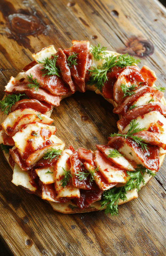 A vibrant charcuterie wreath arranged on a white platter with colorful cured meats, cheeses, fresh herbs, and edible flowers, showcasing textures from smooth cheeses to crisp crackers, styled elegantly on a rustic wooden table with a blurred background.