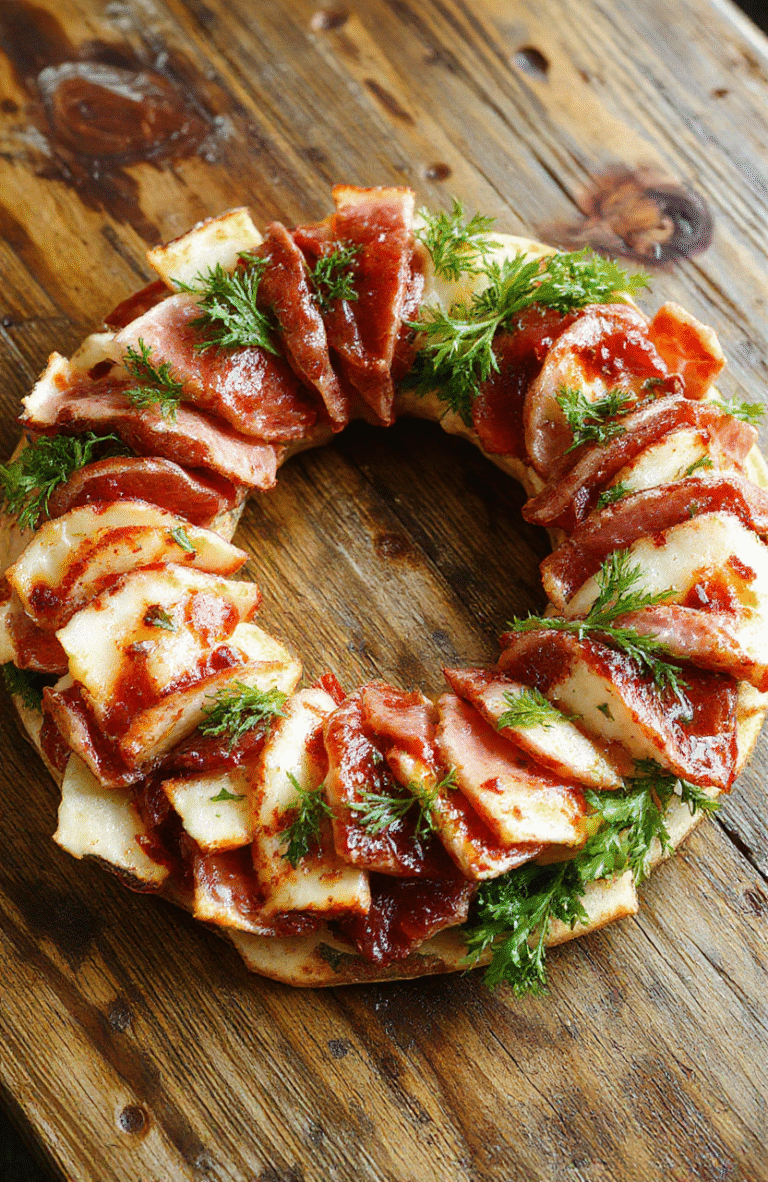 A vibrant charcuterie wreath arranged on a white platter with colorful cured meats, cheeses, fresh herbs, and edible flowers, showcasing textures from smooth cheeses to crisp crackers, styled elegantly on a rustic wooden table with a blurred background.