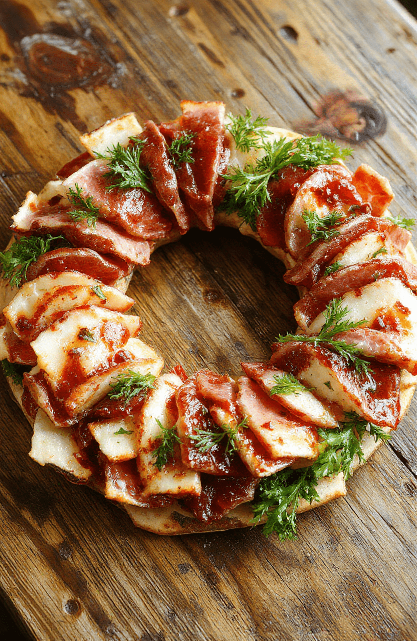 A vibrant charcuterie wreath arranged on a white platter with colorful cured meats, cheeses, fresh herbs, and edible flowers, showcasing textures from smooth cheeses to crisp crackers, styled elegantly on a rustic wooden table with a blurred background.