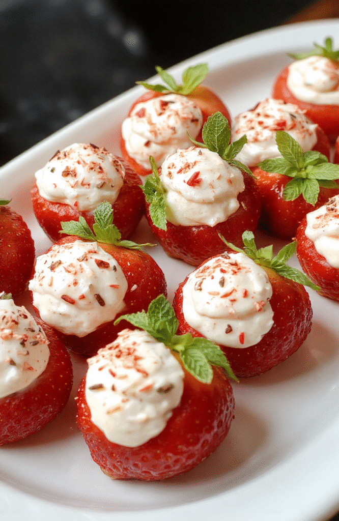A vibrant plate of deviled strawberries featuring bright red strawberries filled with a smooth, creamy white filling, garnished with tiny sprinkles and mint leaves, arranged neatly on a white ceramic plate with a soft-focus background, showcasing the glossy texture and inviting presentation of the dessert.