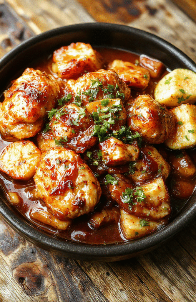Colorful crockpot filled with tender shredded chicken glazed in a sweet Hawaiian sauce, garnished with pineapple chunks and green onions, served on a vibrant plate with a textured wooden table background, creating an inviting and tropical vibe.