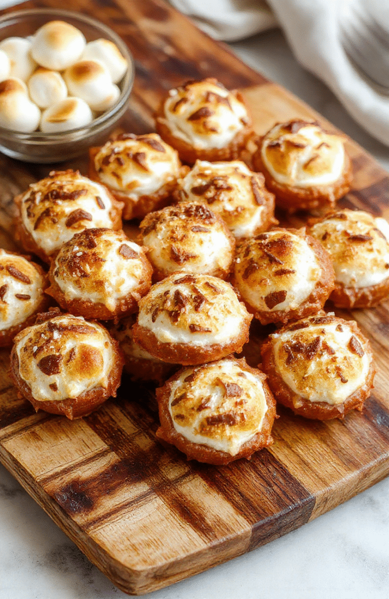 Colorful pretzel bites topped with melted marshmallow, drizzled chocolate, and crushed graham crackers, arranged on a rustic wooden platter with vibrant treats.