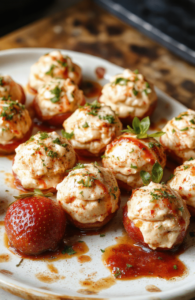 A vibrant close-up image featuring bright red strawberries halved and filled with creamy, spicy deviled fillings, garnished with fresh herbs. The strawberries are arranged on a rustic white plate, with a blurred background of party setting, highlighting the glossy texture and colorful presentation of the appetizer.