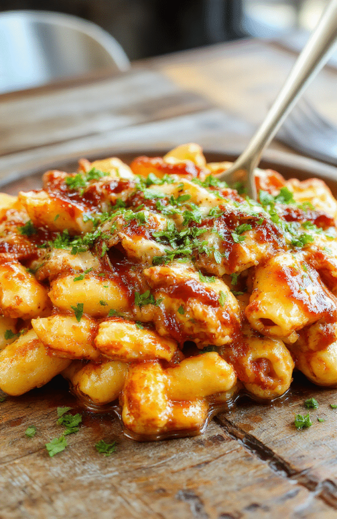 A vibrant plate of BBQ chicken mac and cheese featuring golden-brown baked pasta topped with crispy cornflakes, shredded cheese, and pulled BBQ chicken, garnished with chopped green onions. The dish is served on a rustic wooden table with a creamy, cheesy sauce glistening and textures of tender chicken and crunchy topping visible.