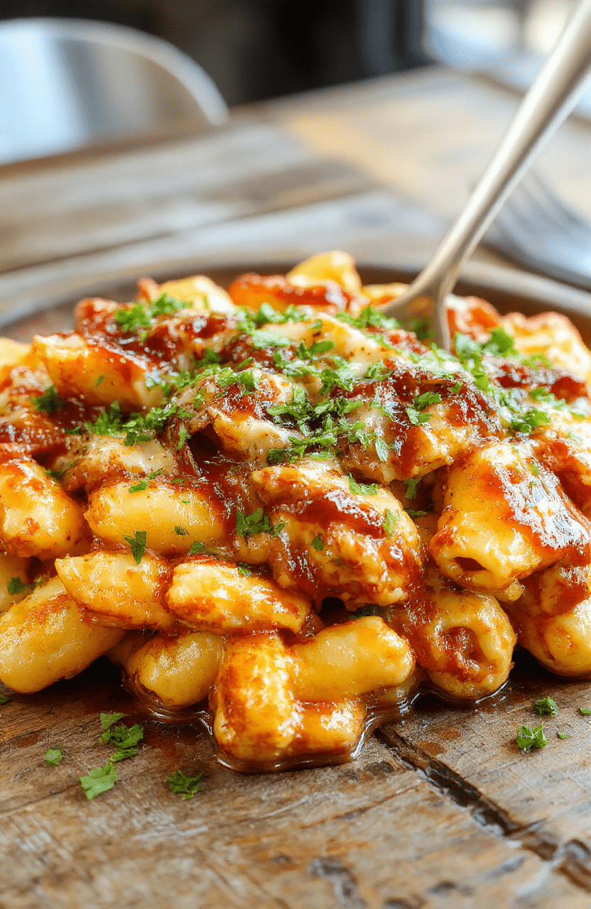 A vibrant plate of BBQ chicken mac and cheese featuring golden-brown baked pasta topped with crispy cornflakes, shredded cheese, and pulled BBQ chicken, garnished with chopped green onions. The dish is served on a rustic wooden table with a creamy, cheesy sauce glistening and textures of tender chicken and crunchy topping visible.