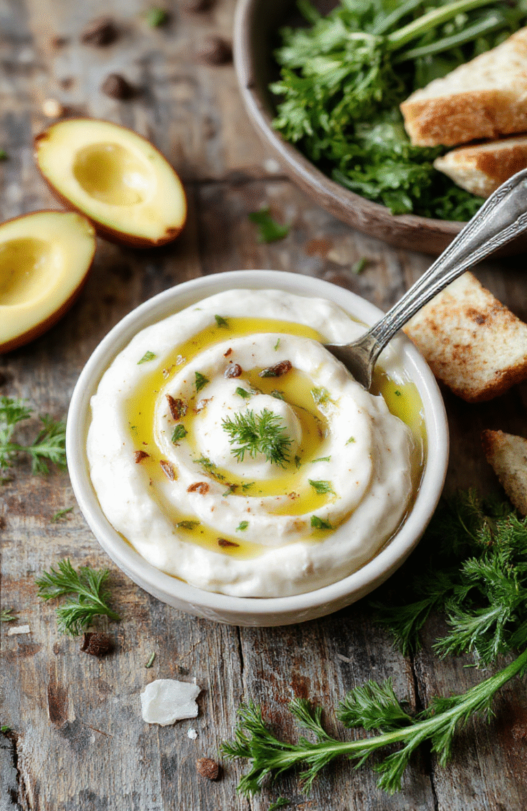 A small white bowl filled with vibrant golden garlic olive oil dip, topped with fresh chopped herbs and garlic slices, surrounded by rustic bread slices on a wooden platter, styled with natural light highlighting the glossy texture and fresh ingredients.