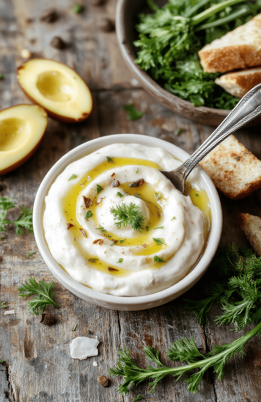 A small white bowl filled with vibrant golden garlic olive oil dip, topped with fresh chopped herbs and garlic slices, surrounded by rustic bread slices on a wooden platter, styled with natural light highlighting the glossy texture and fresh ingredients.