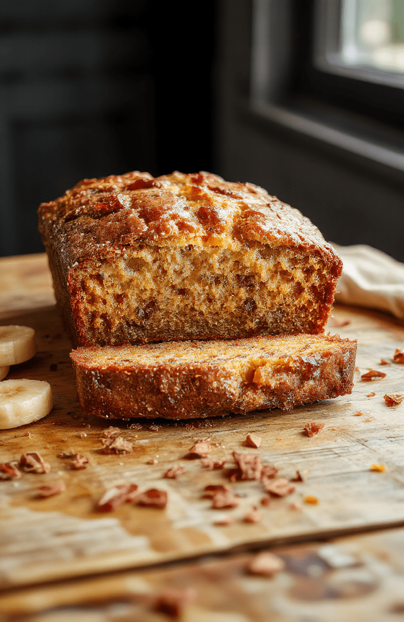 A close-up of moist banana bread slices arranged on a rustic wooden plate. The bread has a golden-brown crust with a tender, fluffy interior dotted with ripe banana pieces. The slices sit atop a light-colored napkin, styled with fresh banana slices and a sprig of mint, capturing the inviting texture and warm tones of the baked treat.